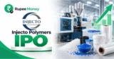 Injecto Polymers IPO banner featuring the Injecto logo, plastic injection molding machinery, polymer granules, plastic containers, packaging materials, rising growth chart, and RupeeMoney branding.