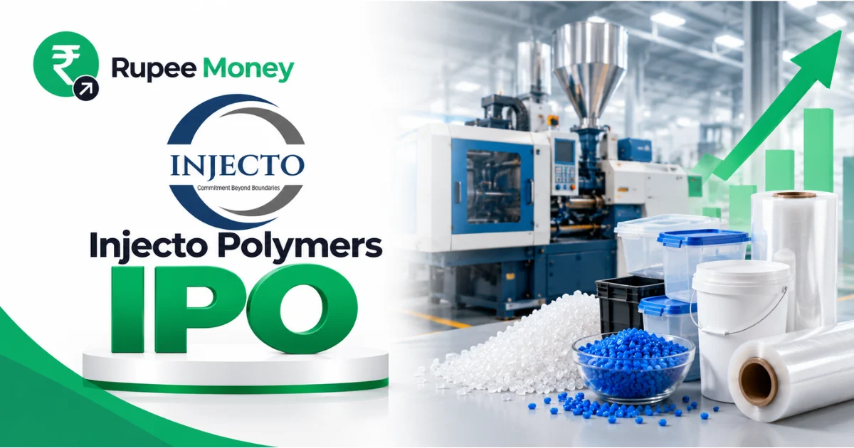 Injecto Polymers IPO banner featuring the Injecto logo, plastic injection molding machinery, polymer granules, plastic containers, packaging materials, rising growth chart, and RupeeMoney branding.