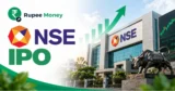 NSE IPO banner featuring the NSE logo, National Stock Exchange building, stock market charts, bull statue, rising market graph, and RupeeMoney branding.