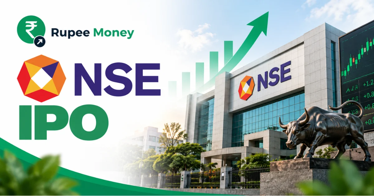NSE IPO banner featuring the NSE logo, National Stock Exchange building, stock market charts, bull statue, rising market graph, and RupeeMoney branding.
