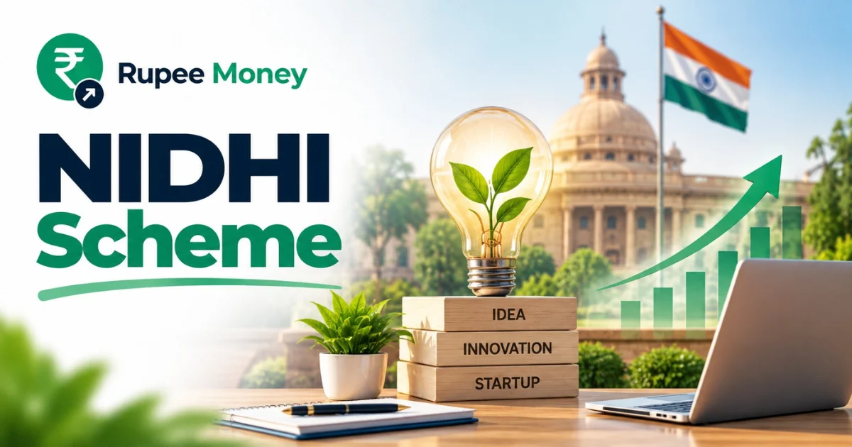 NIDHI Scheme banner featuring startup innovation, a glowing idea bulb, laptop, growth chart, Indian government building, Indian flag, and RupeeMoney branding.