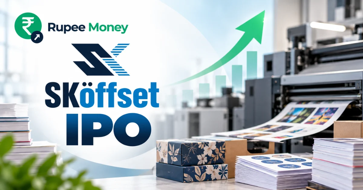 S.K.offset IPO banner featuring the S.K.offset logo, commercial offset printing press, printed sheets, books, packaging materials, rising market chart, growth arrow, and RupeeMoney branding.