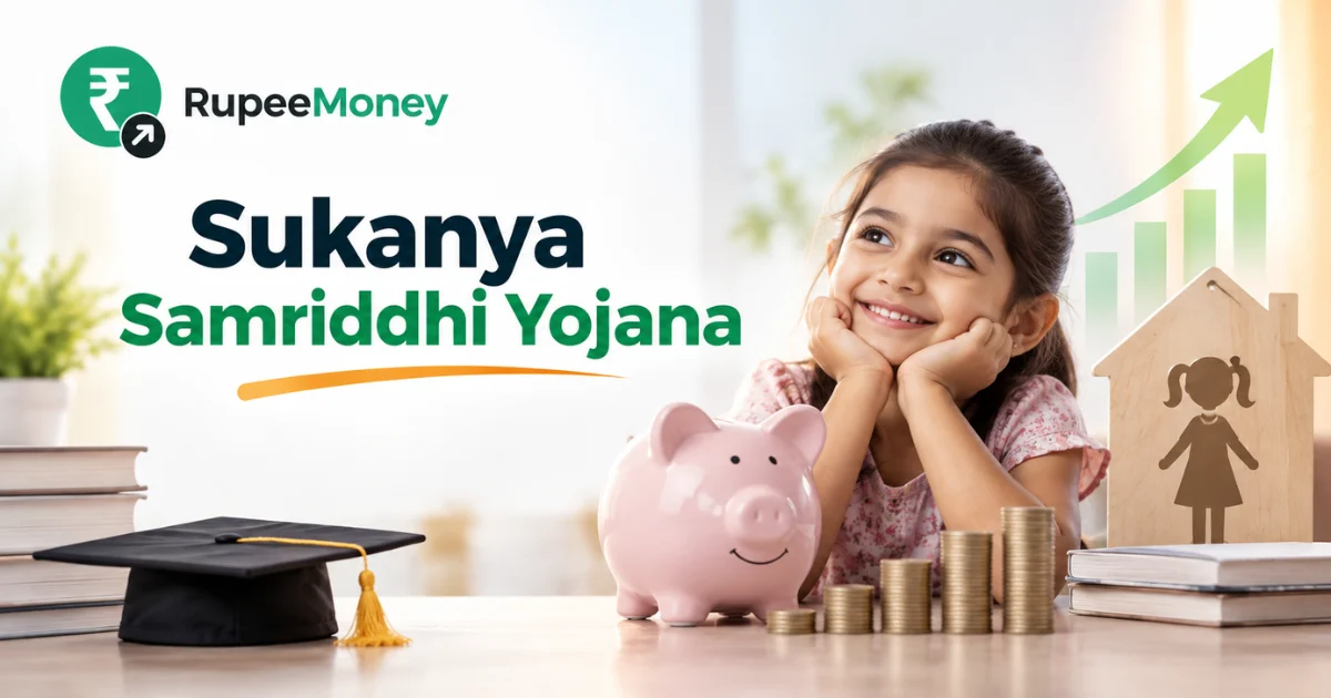 Sukanya Samriddhi Yojana banner featuring an Indian girl, savings piggy bank, growing rupee coin stacks, education books, graduation cap, upward financial growth arrow, and RupeeMoney branding.