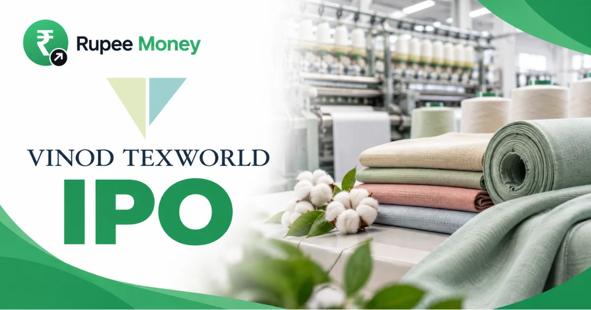 Vinod Texworld IPO banner featuring the Vinod Texworld logo, textile manufacturing facility, fabric rolls, cotton, yarn, and RupeeMoney branding.