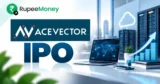AceVector IPO banner featuring AceVector branding, digital commerce technology, laptop with global connectivity, cloud infrastructure, server racks, financial growth charts and RupeeMoney branding.