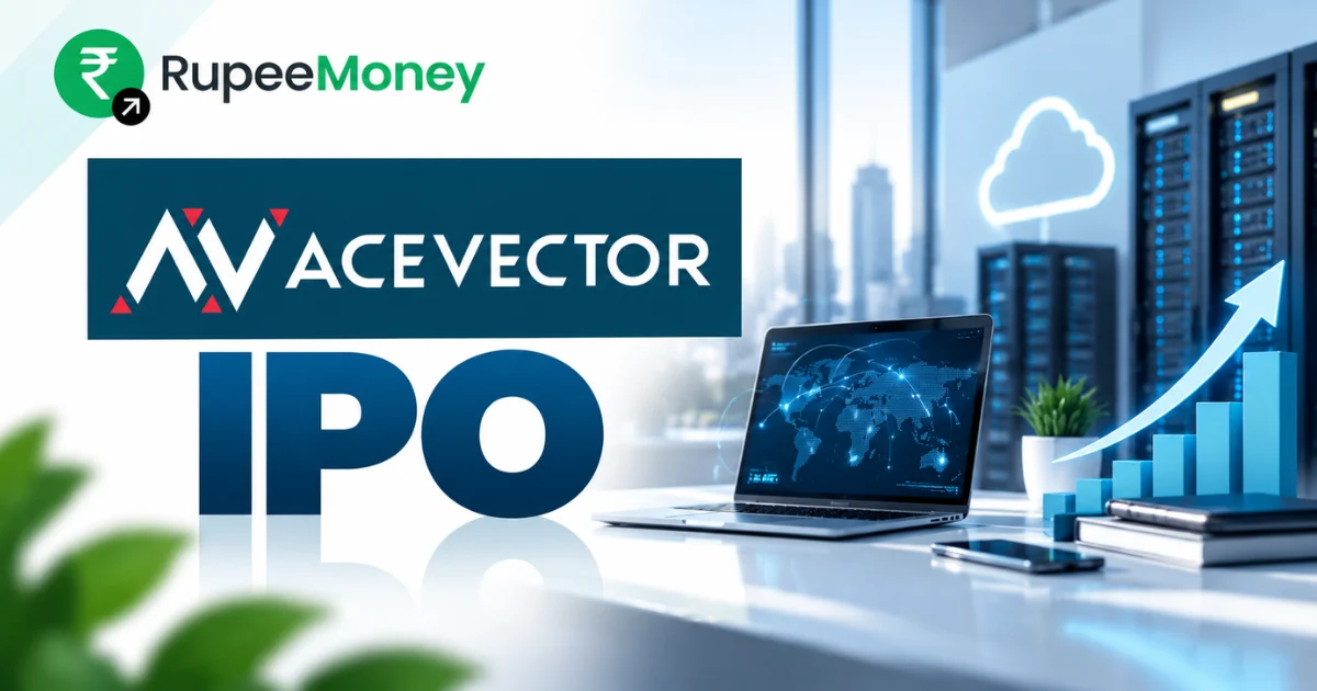 AceVector IPO banner featuring AceVector branding, digital commerce technology, laptop with global connectivity, cloud infrastructure, server racks, financial growth charts and RupeeMoney branding.
