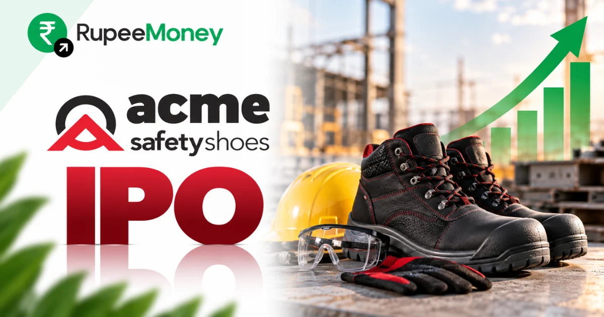 Acme Universal Safezone 9 IPO banner featuring ACME Safety Shoes branding, industrial safety footwear, hard hat, protective gloves, safety goggles, construction equipment and financial growth graphics with RupeeMoney branding.