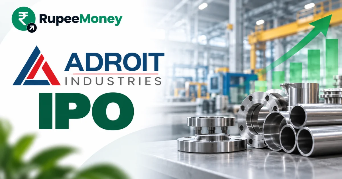 Adroit Industries IPO banner featuring automotive driveline components, propeller shafts, precision-machined metal parts, industrial manufacturing facilities and financial growth graphics with RupeeMoney branding.