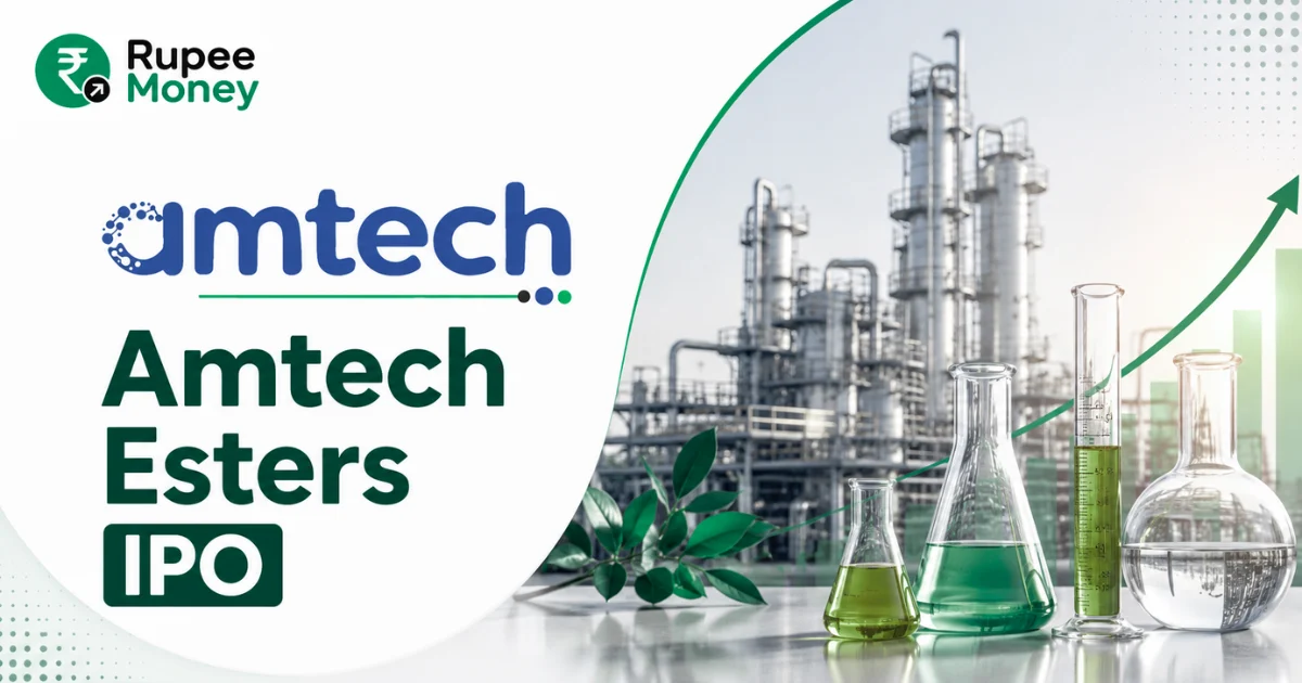 Amtech Esters IPO banner featuring the Amtech logo, chemical manufacturing facility, laboratory glassware, industrial processing equipment, growth chart, and RupeeMoney branding.