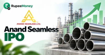 Anand Seamless IPO banner featuring seamless steel tubes, industrial manufacturing facilities, financial growth graphics and the Anand Seamless logo with RupeeMoney branding.