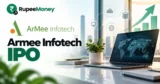 ArMee Infotech IPO banner featuring IT infrastructure, laptop technology, digital connectivity, cloud and server icons, and financial growth graphics with RupeeMoney branding.