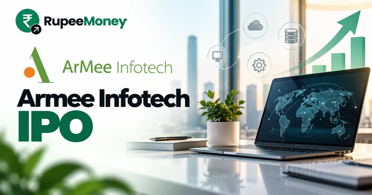 ArMee Infotech IPO banner featuring IT infrastructure, laptop technology, digital connectivity, cloud and server icons, and financial growth graphics with RupeeMoney branding.