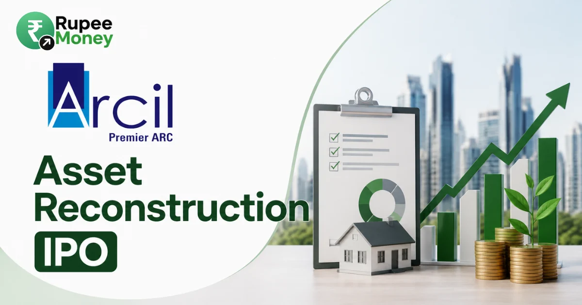Asset Reconstruction IPO banner featuring the Arcil Premier ARC logo, financial recovery concept, investment charts, rising market indicators, rupee coins, and RupeeMoney branding.