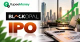 Black Opal Consultants IPO banner featuring Black Opal branding, modern real estate office visuals, property reports, laptop, city buildings, financial charts and RupeeMoney branding.