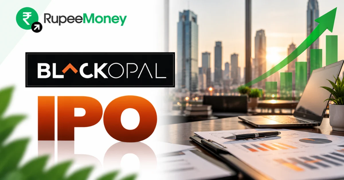 Black Opal Consultants IPO banner featuring Black Opal branding, modern real estate office visuals, property reports, laptop, city buildings, financial charts and RupeeMoney branding.