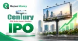 Century Business Media IPO banner featuring the Century OOH Media Assets and Solutions logo, outdoor billboard, city skyline, digital advertising display, rising growth chart, and RupeeMoney branding.