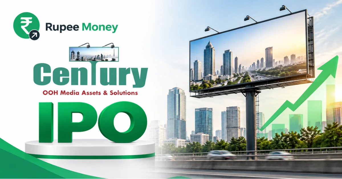 Century Business Media IPO banner featuring the Century OOH Media Assets and Solutions logo, outdoor billboard, city skyline, digital advertising display, rising growth chart, and RupeeMoney branding.