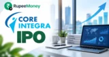 Core Integra Consulting IPO banner featuring a modern corporate office, business analytics dashboard, consulting workspace, laptop, financial charts and growth graphics with RupeeMoney branding.