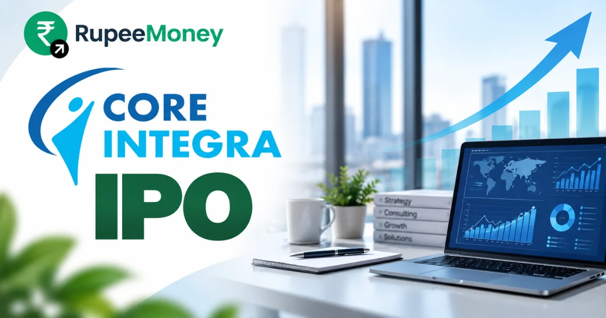 Core Integra Consulting IPO banner featuring a modern corporate office, business analytics dashboard, consulting workspace, laptop, financial charts and growth graphics with RupeeMoney branding.