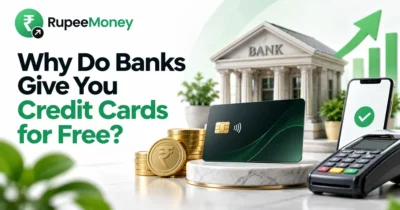 Why Do Banks Give You Credit Cards for Free banner featuring a bank, credit card, Rupee coins, POS machine, smartphone payment and financial growth graphics with RupeeMoney branding.