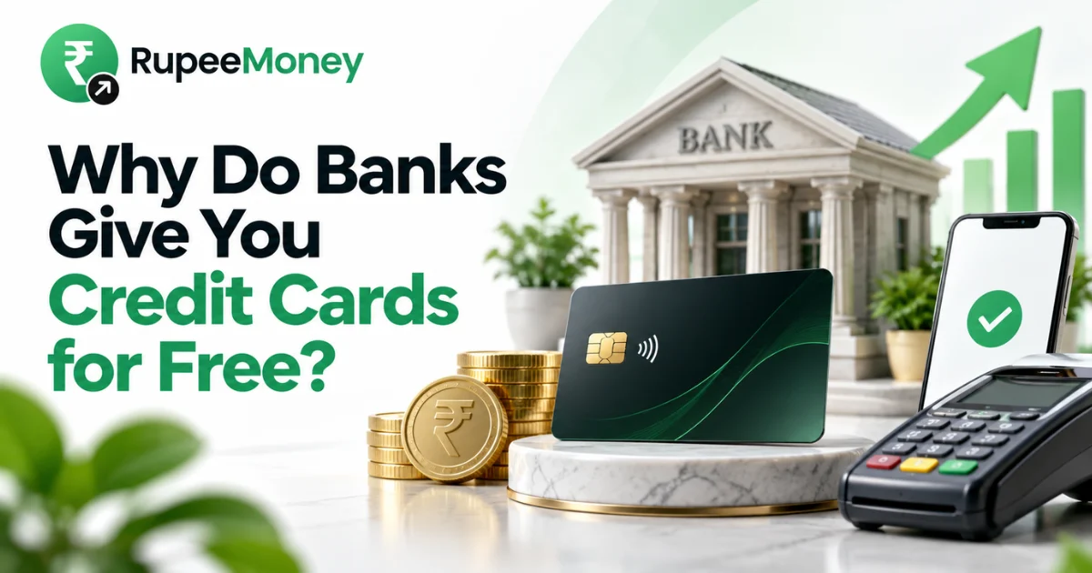 Why Do Banks Give You Credit Cards for Free banner featuring a bank, credit card, Rupee coins, POS machine, smartphone payment and financial growth graphics with RupeeMoney branding.