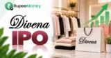 Dudani Retail IPO banner featuring the Divena fashion brand, apparel displays, clothing, shopping bags, retail store elements, financial growth graphics and RupeeMoney branding.