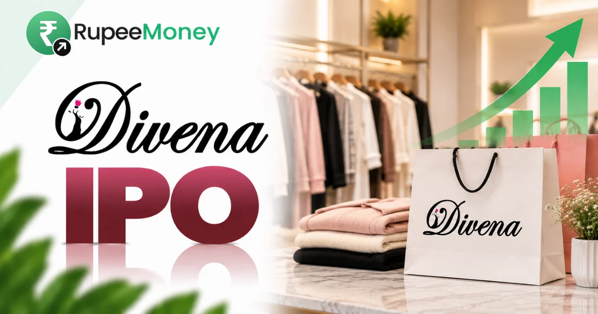 Dudani Retail IPO banner featuring the Divena fashion brand, apparel displays, clothing, shopping bags, retail store elements, financial growth graphics and RupeeMoney branding.