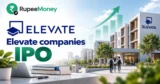 Elevate Companies IPO banner featuring a modern student accommodation campus, educational facilities, students, books, technology and financial growth graphics with RupeeMoney branding.