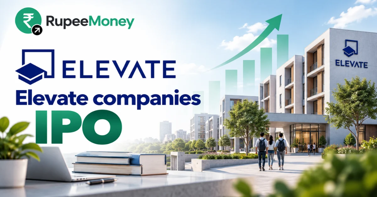 Elevate Companies IPO banner featuring a modern student accommodation campus, educational facilities, students, books, technology and financial growth graphics with RupeeMoney branding.