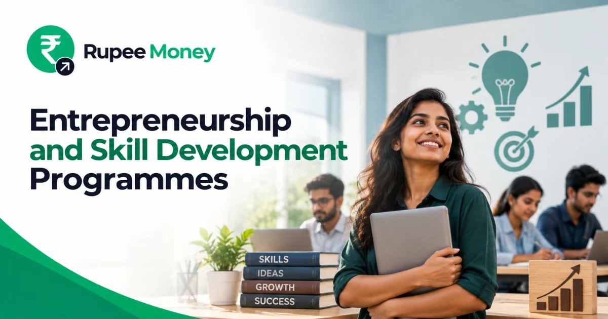Entrepreneurship and Skill Development Programmes banner featuring RupeeMoney branding, young entrepreneurs, laptop-based learning, skill development books, business growth charts, ideas, and career development elements.