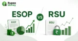 ESOP vs RSU banner comparing employee stock options and restricted stock units with stock certificates, investment charts, rupee coins, and financial growth indicators.