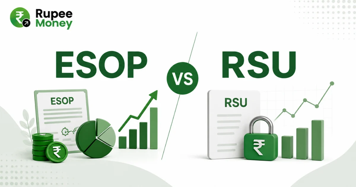 ESOP vs RSU banner comparing employee stock options and restricted stock units with stock certificates, investment charts, rupee coins, and financial growth indicators.