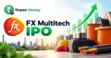 FX Multitech IPO banner featuring the FX Group logo, FX Multitech name, engineering and industrial product elements, refrigeration and HVAC equipment, growth chart, upward arrow, and RupeeMoney branding.