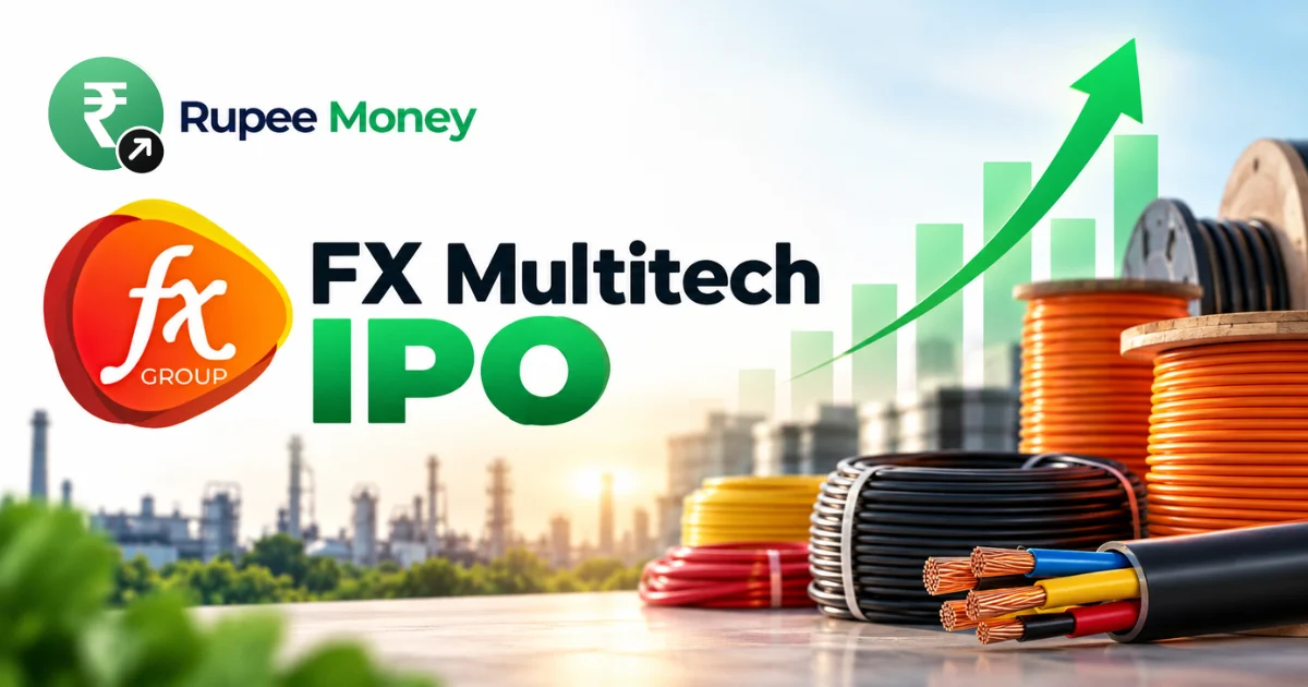 FX Multitech IPO banner featuring the FX Group logo, FX Multitech name, engineering and industrial product elements, refrigeration and HVAC equipment, growth chart, upward arrow, and RupeeMoney branding.