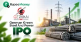German Green Steel and Power IPO banner featuring German TMT branding, TMT steel bars, steel manufacturing plant, power transmission infrastructure, green energy elements, financial growth chart and RupeeMoney branding.