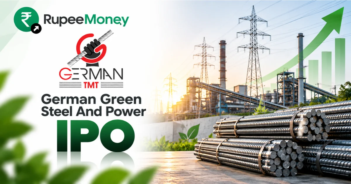 German Green Steel and Power IPO banner featuring German TMT branding, TMT steel bars, steel manufacturing plant, power transmission infrastructure, green energy elements, financial growth chart and RupeeMoney branding.