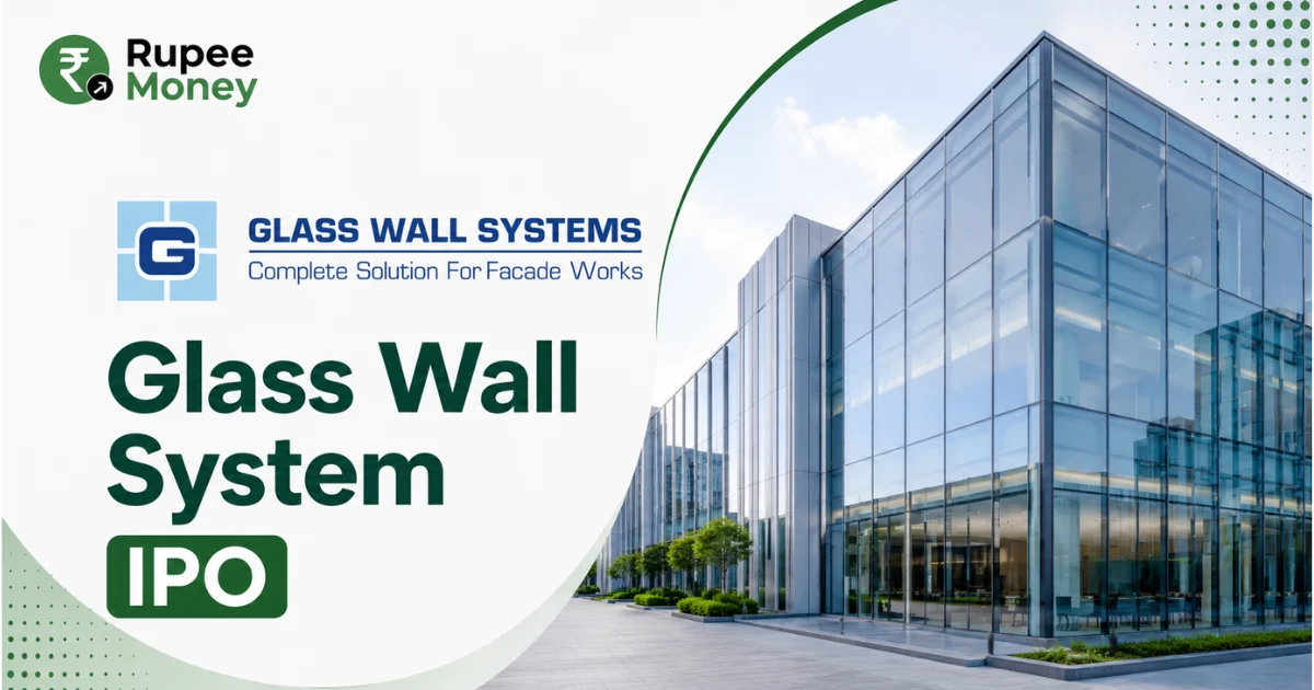 Glass Wall System IPO banner featuring the Glass Wall Systems logo, modern glass building facade, curtain wall architecture, construction design, and RupeeMoney branding.