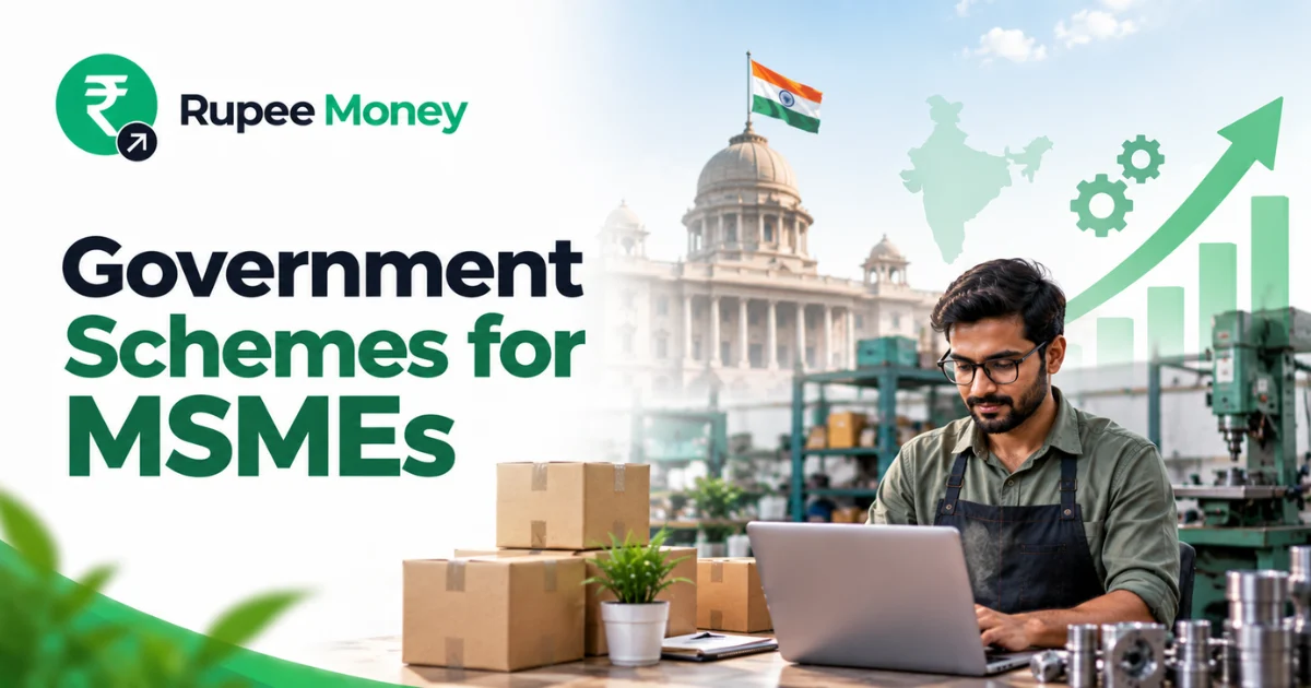 Government Schemes for MSMEs banner featuring RupeeMoney branding, Indian government building, MSME entrepreneur, manufacturing workshop, business equipment, packages, and growth chart.