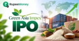 Green Asia Impex IPO banner featuring seafood and agricultural export products, shipping containers, global trade routes, rice, spices, financial growth graphics and RupeeMoney branding.