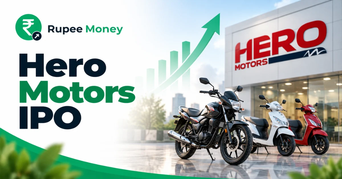 Hero Motors IPO banner featuring the Hero Motors logo, motorcycles and scooters, vehicle showroom, automotive manufacturing elements, rising growth chart, and RupeeMoney branding.