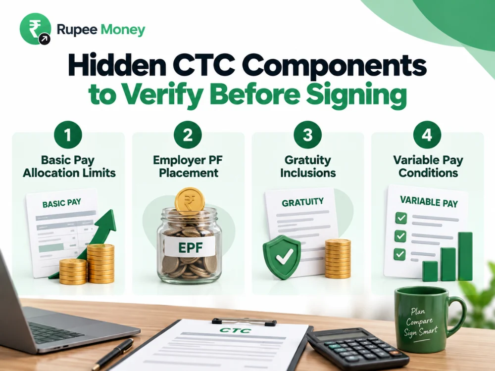 This infographic highlights hidden CTC components to verify before signing a job offer, covering Basic Pay Allocation Limits, Employer PF Placement, Gratuity Inclusions, and Variable Pay Conditions. The visual uses a clean RupeeMoney financial design with salary documents, EPF savings, gratuity verification, variable pay charts, and CTC paperwork. It is optimized for hidden CTC components, CTC salary structure, salary breakup, basic pay, employer PF, gratuity, variable pay, CTC components, job offer salary, in-hand salary, salary negotiation, and employee benefits keywords. The content is original, plagiarism-free, and copyright-safe.