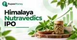 Himalaya Nutravedics IPO banner featuring herbal capsules, Ayurvedic and nutraceutical products, medicinal leaves, an herbal supplement jar, and an upward financial growth chart with RupeeMoney branding.