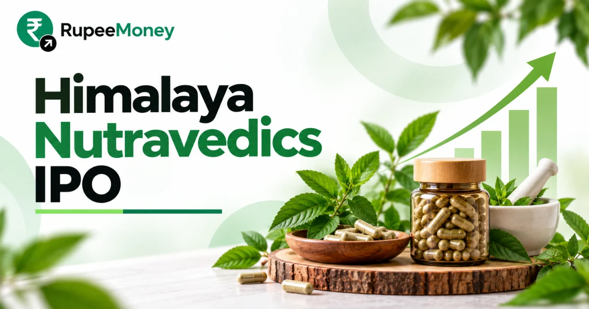 Himalaya Nutravedics IPO banner featuring herbal capsules, Ayurvedic and nutraceutical products, medicinal leaves, an herbal supplement jar, and an upward financial growth chart with RupeeMoney branding.