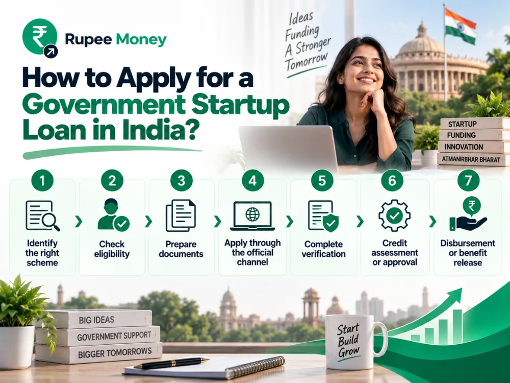 A step-by-step guide on how to apply for a government startup loan in India, covering startup loan eligibility, required documents, official application channels, verification, credit assessment, loan approval, and disbursement. This RupeeMoney infographic is optimized for keywords including government startup loan in India, startup loan, government business loan, startup funding, new business loan, MSME loan, and government schemes for entrepreneurs. The content and newly created design elements are original, plagiarism-free, and created to be copyright-safe.

