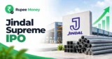 Jindal Supreme IPO banner featuring the Jindal logo, steel pipes, metal products, industrial manufacturing facility, rising growth chart, and RupeeMoney branding.