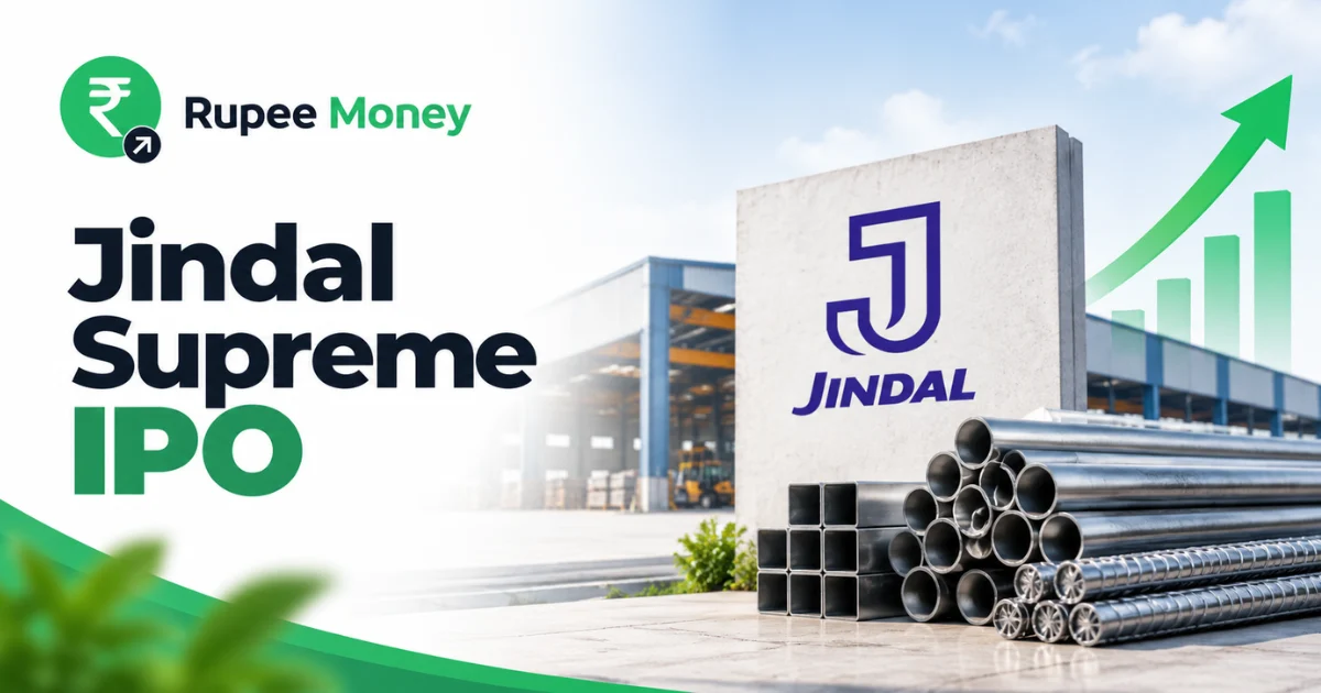 Jindal Supreme IPO banner featuring the Jindal logo, steel pipes, metal products, industrial manufacturing facility, rising growth chart, and RupeeMoney branding.