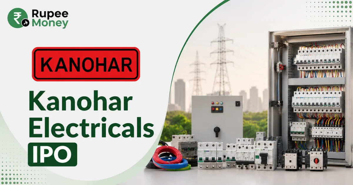 Kanohar Electricals IPO banner featuring the Kanohar logo, electrical control panels, circuit breakers, power cables, electrical equipment, and RupeeMoney branding.
