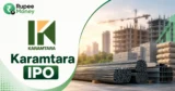 Karamtara IPO banner featuring the Karamtara logo, construction materials, steel reinforcement bars, cement blocks, building construction, crane, and RupeeMoney branding.
