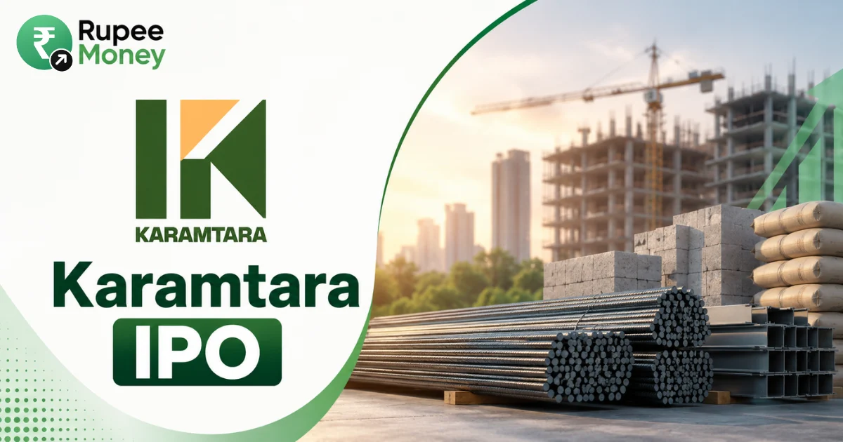 Karamtara IPO banner featuring the Karamtara logo, construction materials, steel reinforcement bars, cement blocks, building construction, crane, and RupeeMoney branding.
