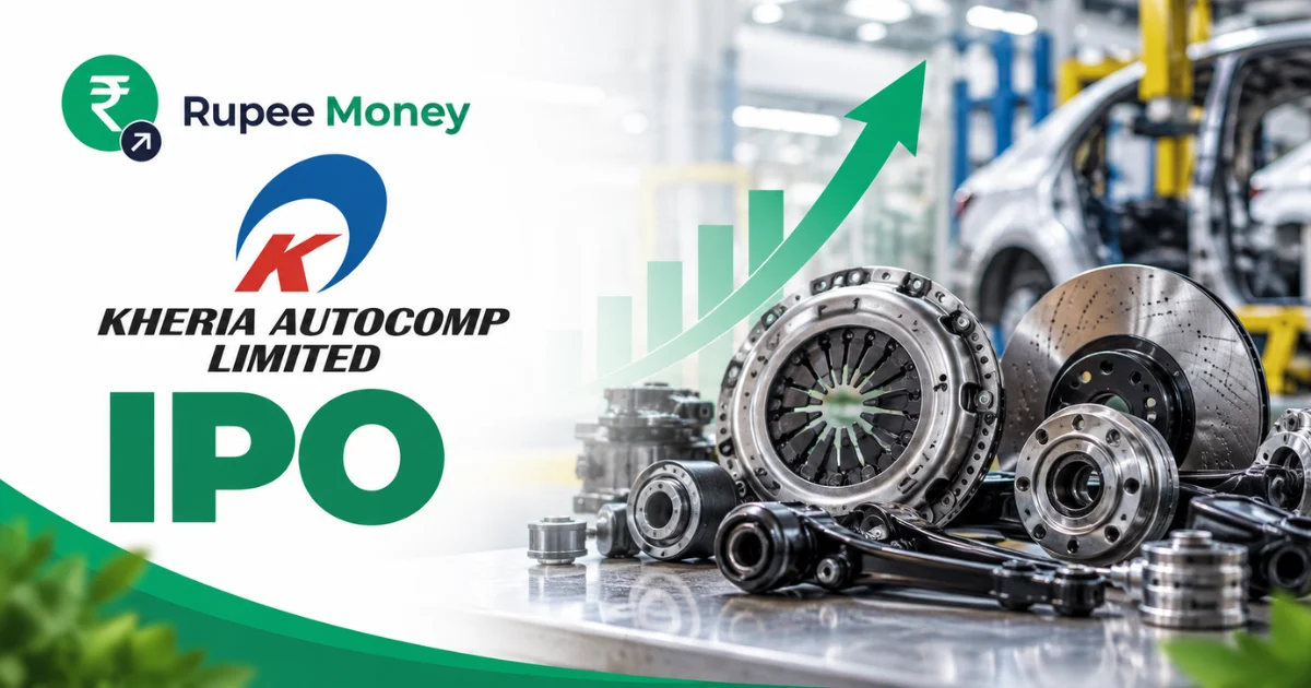 Kheria Autocomp IPO banner featuring the Kheria Autocomp Limited logo, automotive components, clutch and brake parts, suspension components, manufacturing facility, rising growth chart, and RupeeMoney branding.